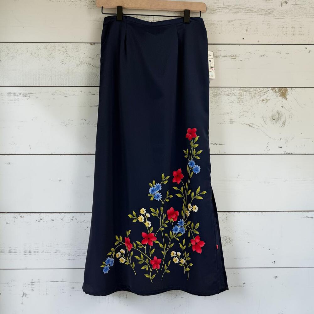 Jaclyn Smith Classic Floral Midi Skirt Small Blue Elastic Waist Slit Vintage